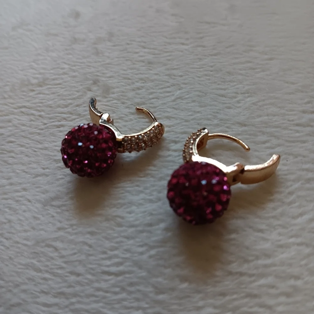 Gold plated pink crystal hoop earrings diamonds simulated